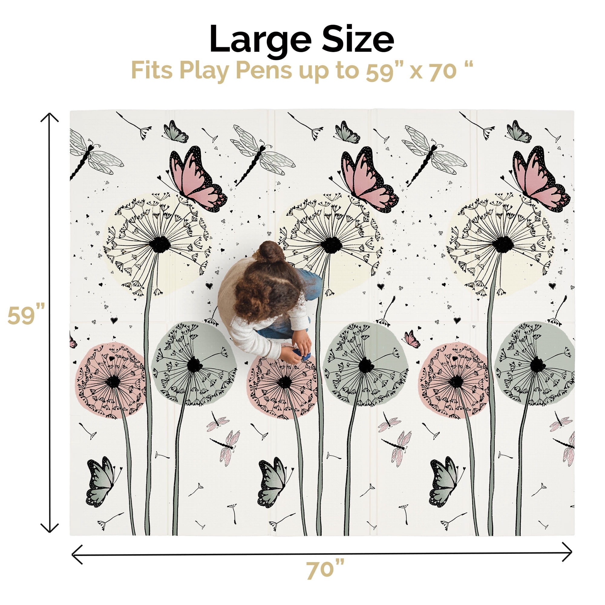 JumpOff Jo - Large Waterproof Foam Padded Play Mat for Babies, Foldable, Unisex, 70 in. x 59 in. - Daisy and Dandelion