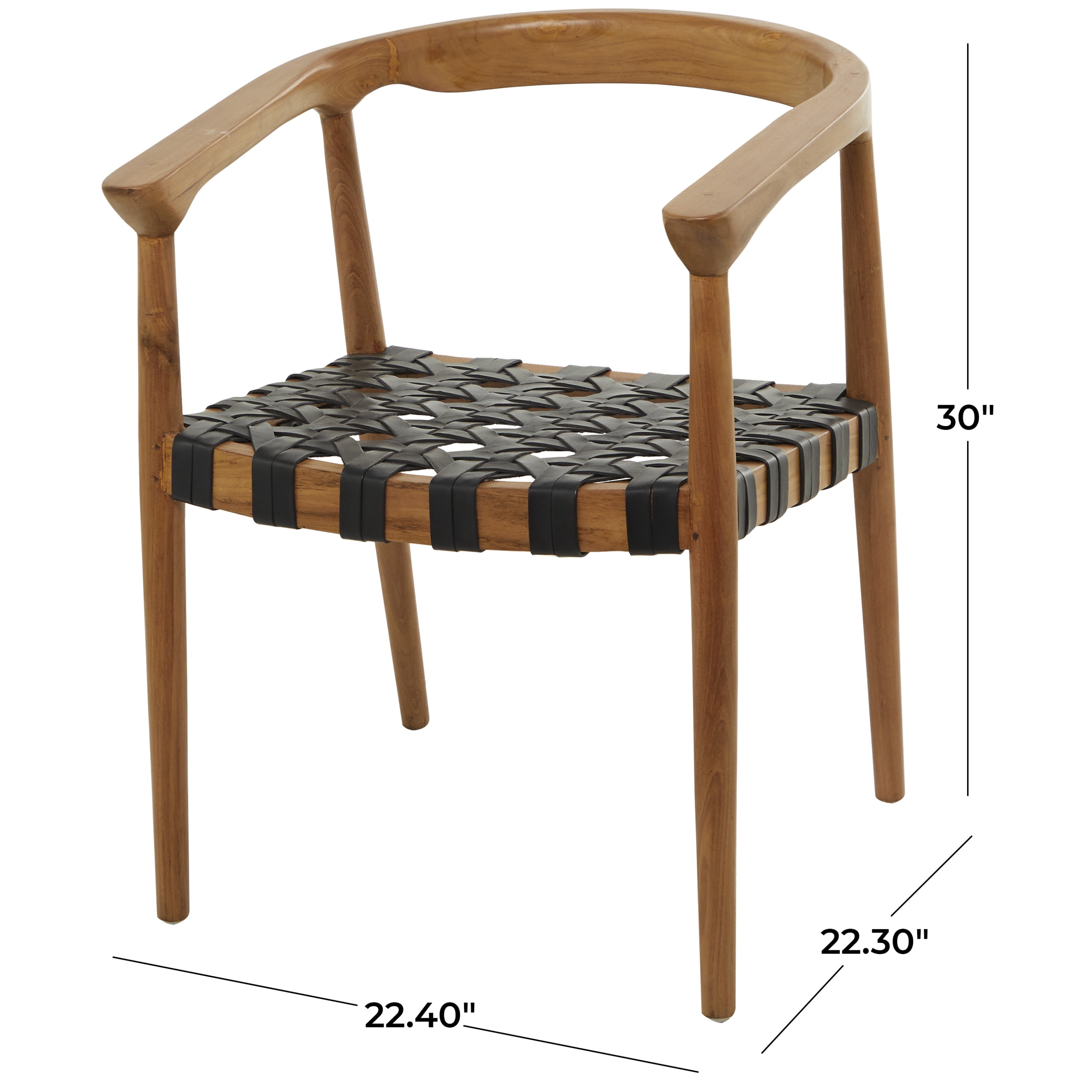 DecMode Contemporary Accent Chair with Polished Brown Teak Wood and Black Leather Woven Seat, 22"W x 30"H