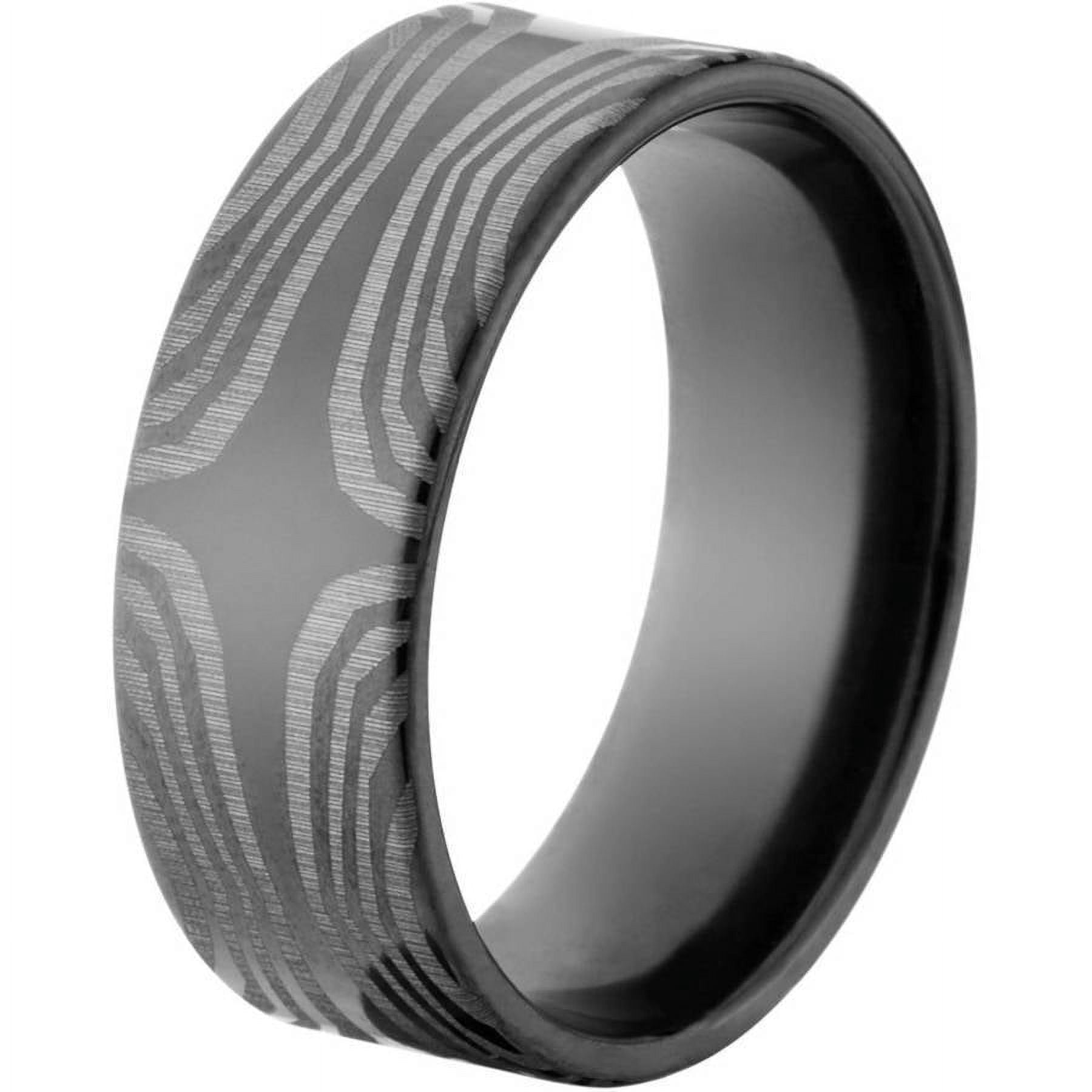 8mm Flat Black Zirconium Ring with a Lasered Mokume Pattern