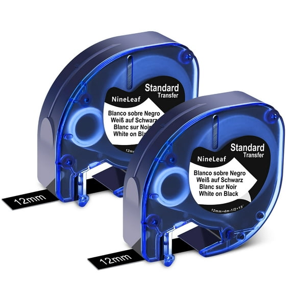 NineLeaf 2PK Compatible for DYMO LetraTag Refills 913318 12mm 1/2" White on Black Plastic Label Maker Tape