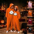thumbnail image 5 of Pumpkin Hooded Onesie Costume for Women & Men, Halloween Matching Couple Flannel Jumpsuit with Ghost Print & Zipper Front — Unisex Cozy Sleepwear Set for Party & Lounge Orange L, 5 of 8