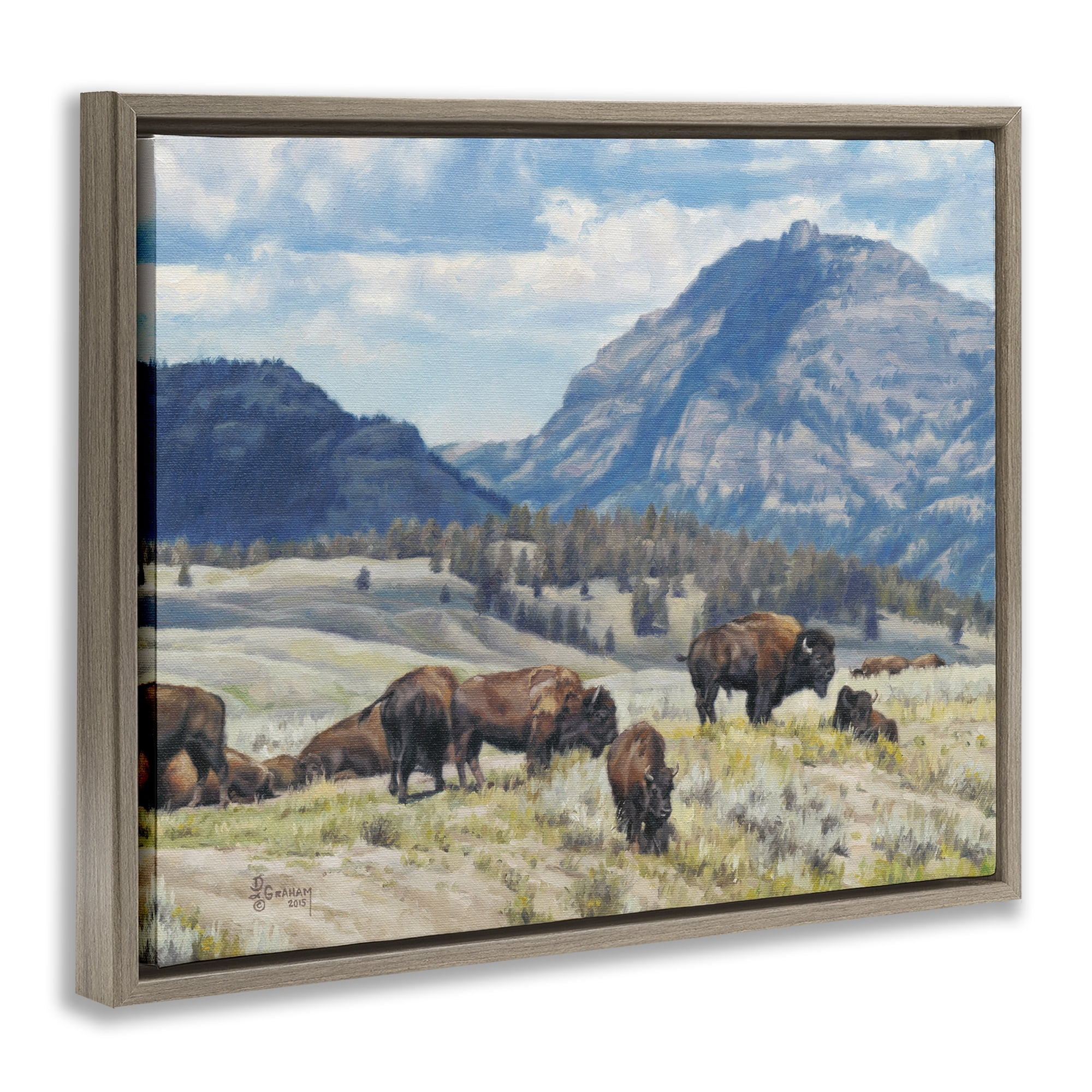 Stupell Industries Sunny Afternoon Bison Landscape Painting Brown Floater Framed Canvas Art Print Wall Art, 31 x 25