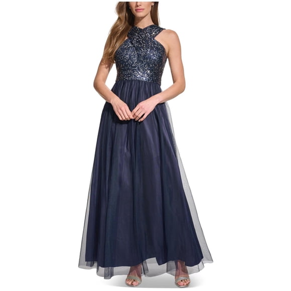 Eliza J Womens Sequined Tulle Gown Dress, Blue, 12
