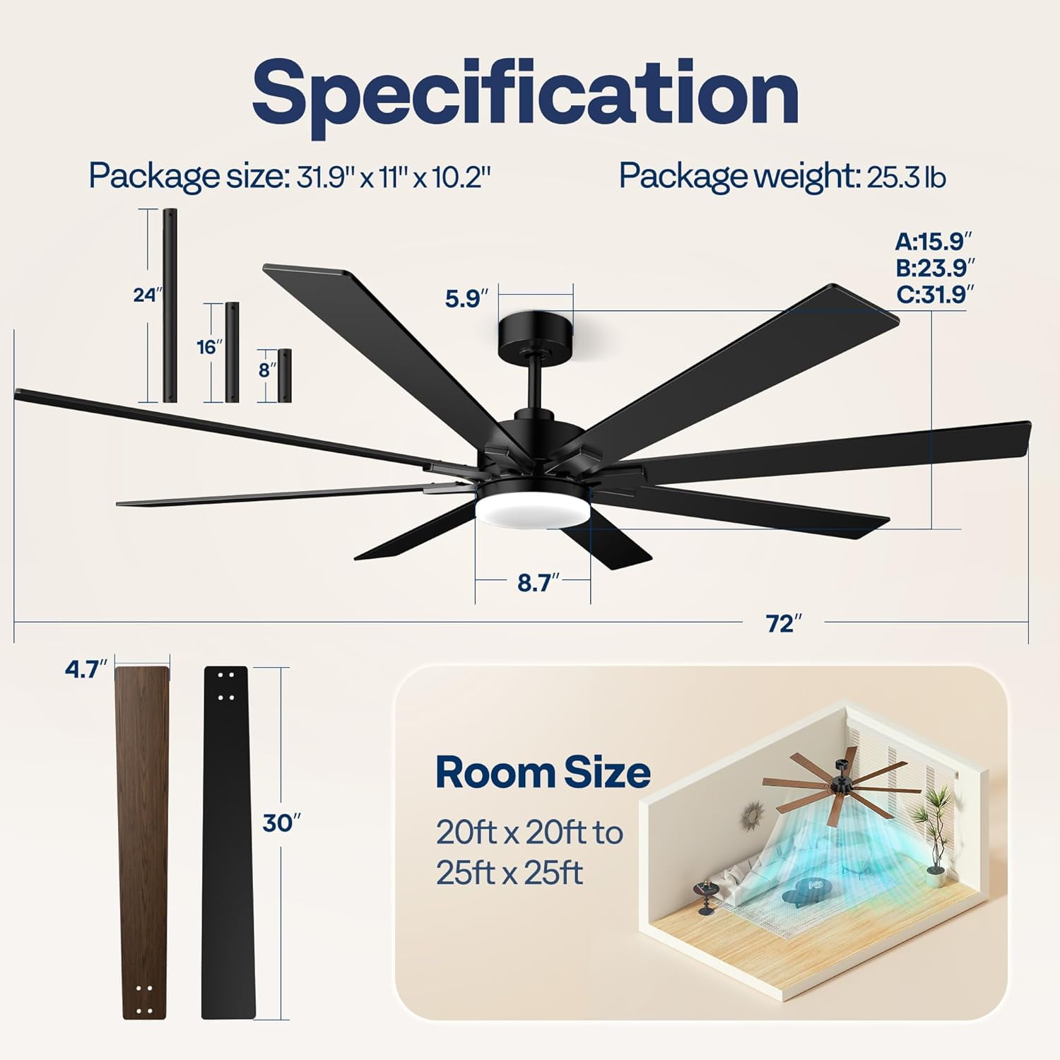 SPECSTAR 72 inch Ceiling Fans with Lights, Flush Mount Ceiling Fan with Remote Outdoor Indoor, Large Black Ceiling Fan for Living Room, Bedroom, Patios, 6+1 Speeds Reversible, 3CCT, Dimmable, Timer