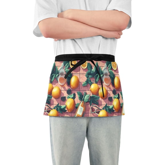 Server Apron with 3 Pockets Waterproof Waitress Waist Short Apron for Man Woman Lemons Wine Leaves 12 Inches