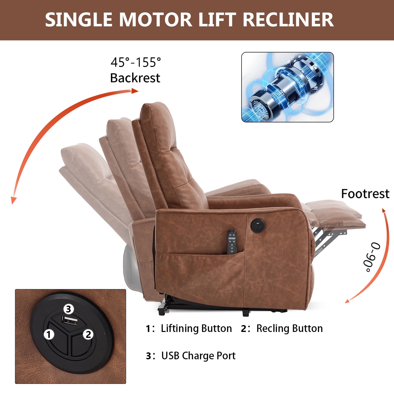 MAYEERTY PU Leather Power Lift Recliner Chair for Elderly, Single Motor Electric Lift Chair with 8-Point Massage & Lumbar Heat, USB Charging Port, for Living Room