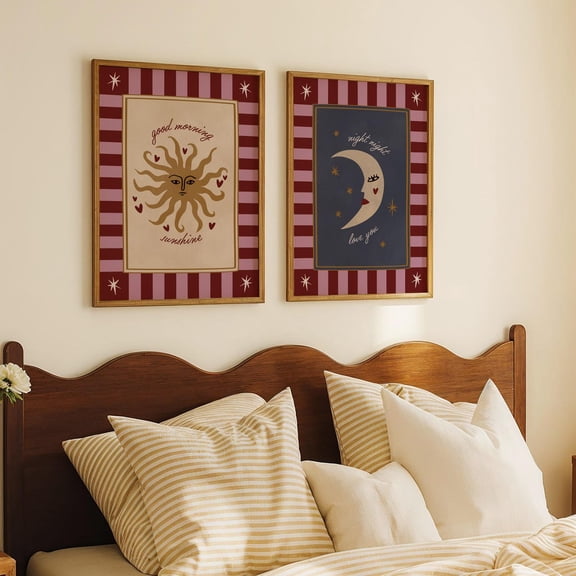 Vintage Sun & Moon Above Bed Art Burgundy Wall Art Modern Set 2 Unframed Paper Print 8x12