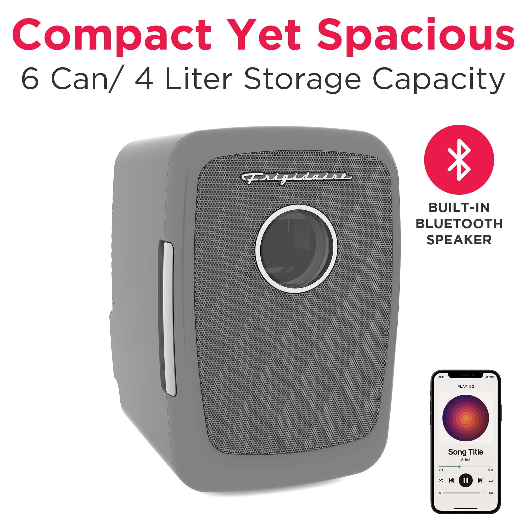 Frigidaire 6 Can Mini Cooler with Bluetooth Speaker, 4 Liter Personal Fridge with AC/DC Adapter, Pewter