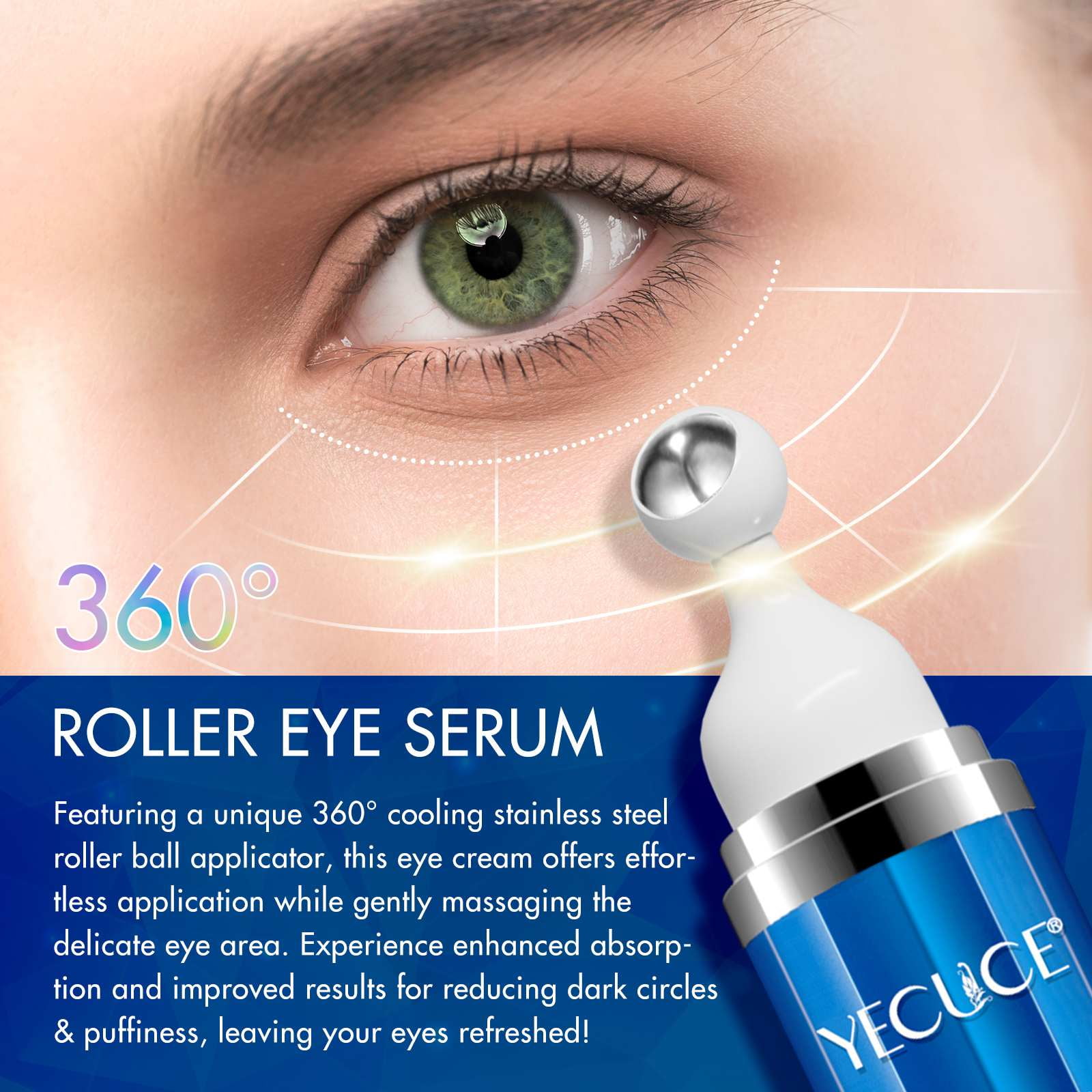 (3 pack) Yecuce Eye Serum with Roller Massage Ball, Caffeine Peptide, Dark Circles Under Eye Treatment, with Retinol, 5ml