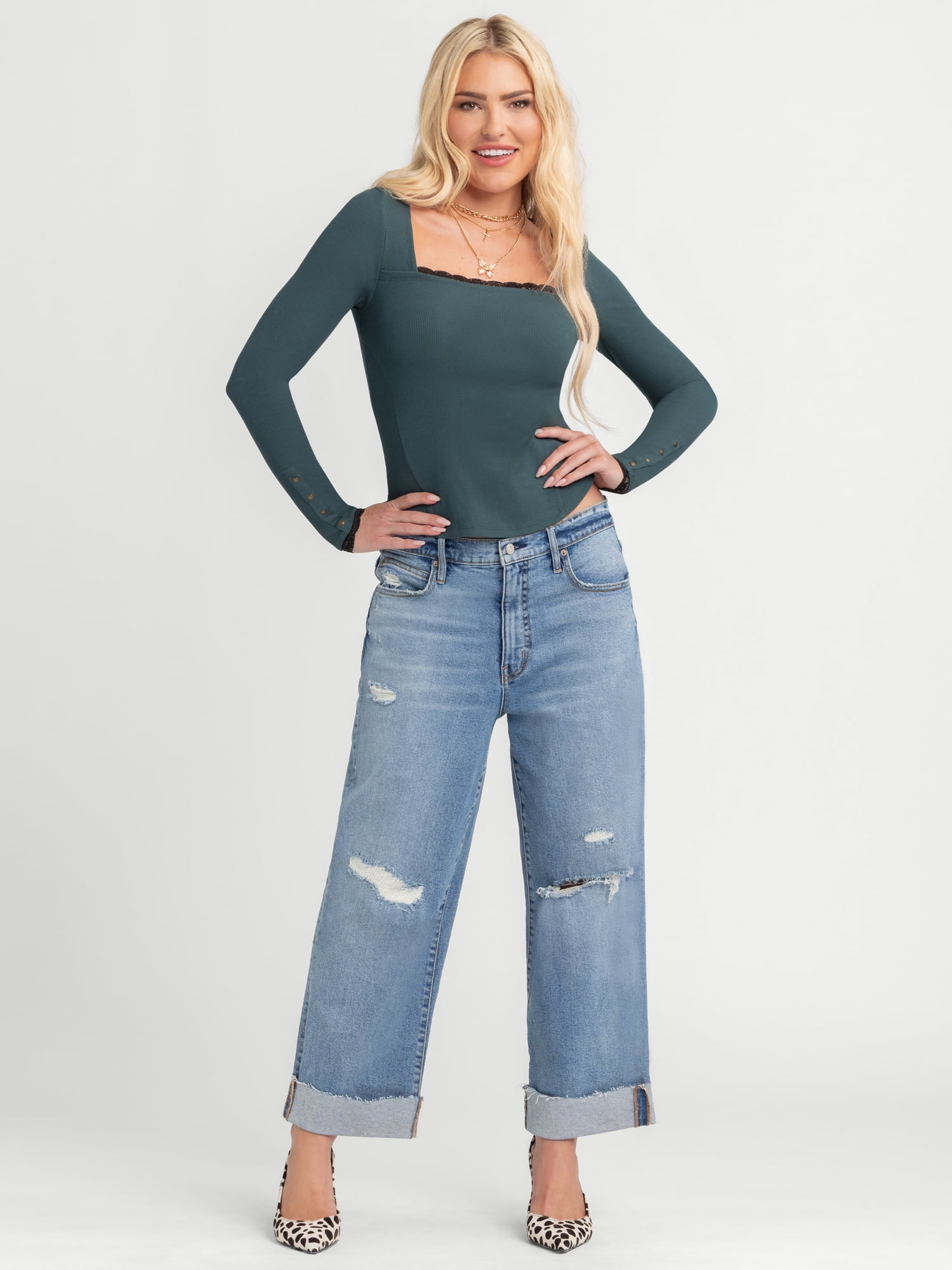 Jessica Simpson Women's and Women's Plus Aleera Ribbed Knit Top with Lace Trim, Sizes XS-4X