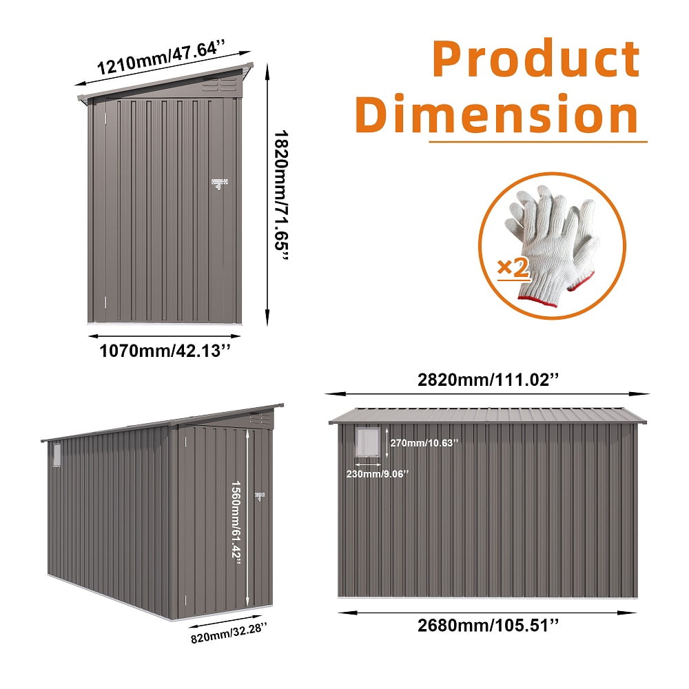 Gray  4x9 FT Lean to Shed with Windows, Metal Garden Shed Tool House with Sloping Roof with 2 Vents and 1 Side Open Door, Outdoor Storage Shed Waterproof for Backyard, Garden, Patio,