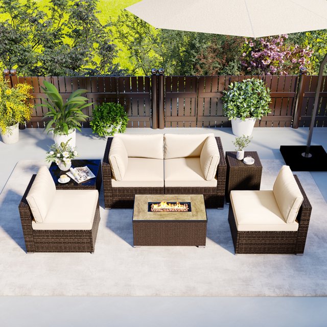 Costway 7 Pieces Outdoor Furniture Set with 32" Fire Pit Table and Propane Tank Cover White