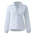 thumbnail image 4 of GXIPO Women's Ruffle Trim Button Up Long Sleeve Blouse Top Cotton Stand Collar Elegant Work Shirt White 2XL, 4 of 7