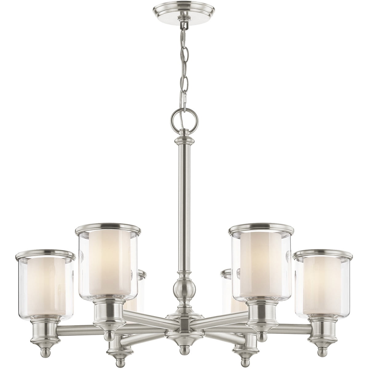 6 Light Brushed Nickel Chandelier with Clear Glass & Satin Opal White Glass Shade