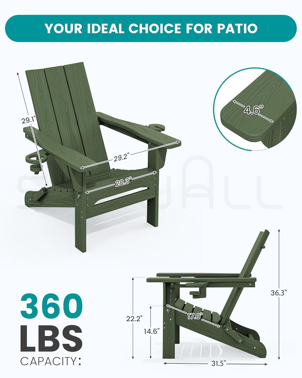 CHTER Modern Adirondack Chair, Folding Adirondack Chair with Dual Cup Holders, Outdoor HDPE Fire Pit Chair for All Weather Use, Avocado Green