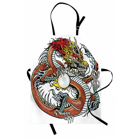 

Dragon Apron Traditional Chinese Creature Holding A Large Pearl Zodiac Signs Folk Tattoo Graphic Unisex Kitchen Bib Apron with Adjustable Neck for Cooking Baking Gardening Multicolor by Ambesonne