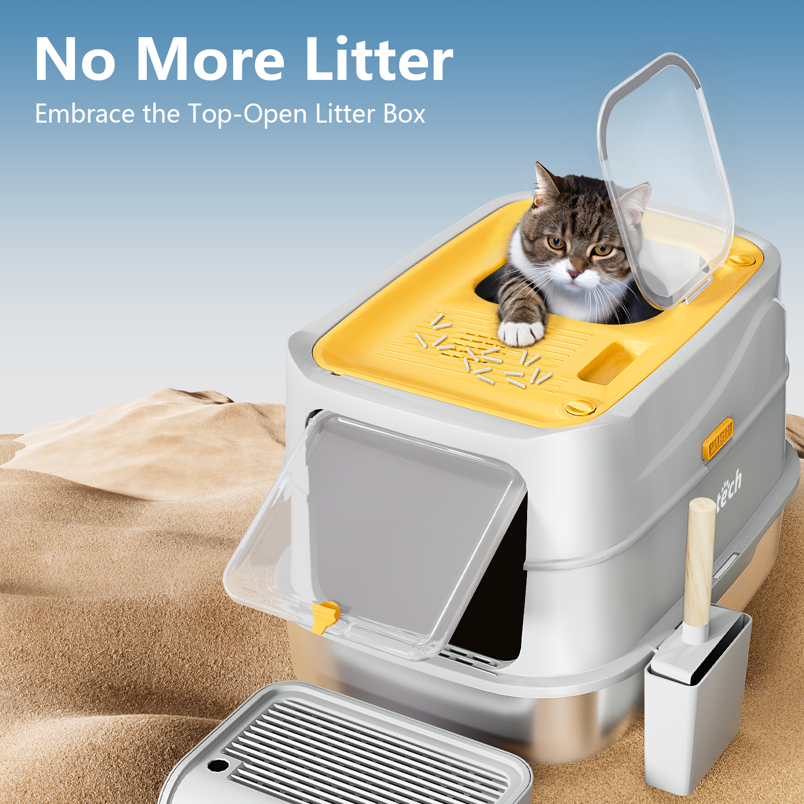 Extra Large Stainless Steel Litter Box with Lid & Scoop, Enclosed Metal Kitty Litter Box with Step, Front Entry Top Exit, Odor Control, Anti-Leakage, Non-Sticky, Easy Cleaning