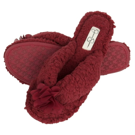 

Jessica Simpson Women s Fluffy Pom Thong House Slide on Slippers with Memory Foam