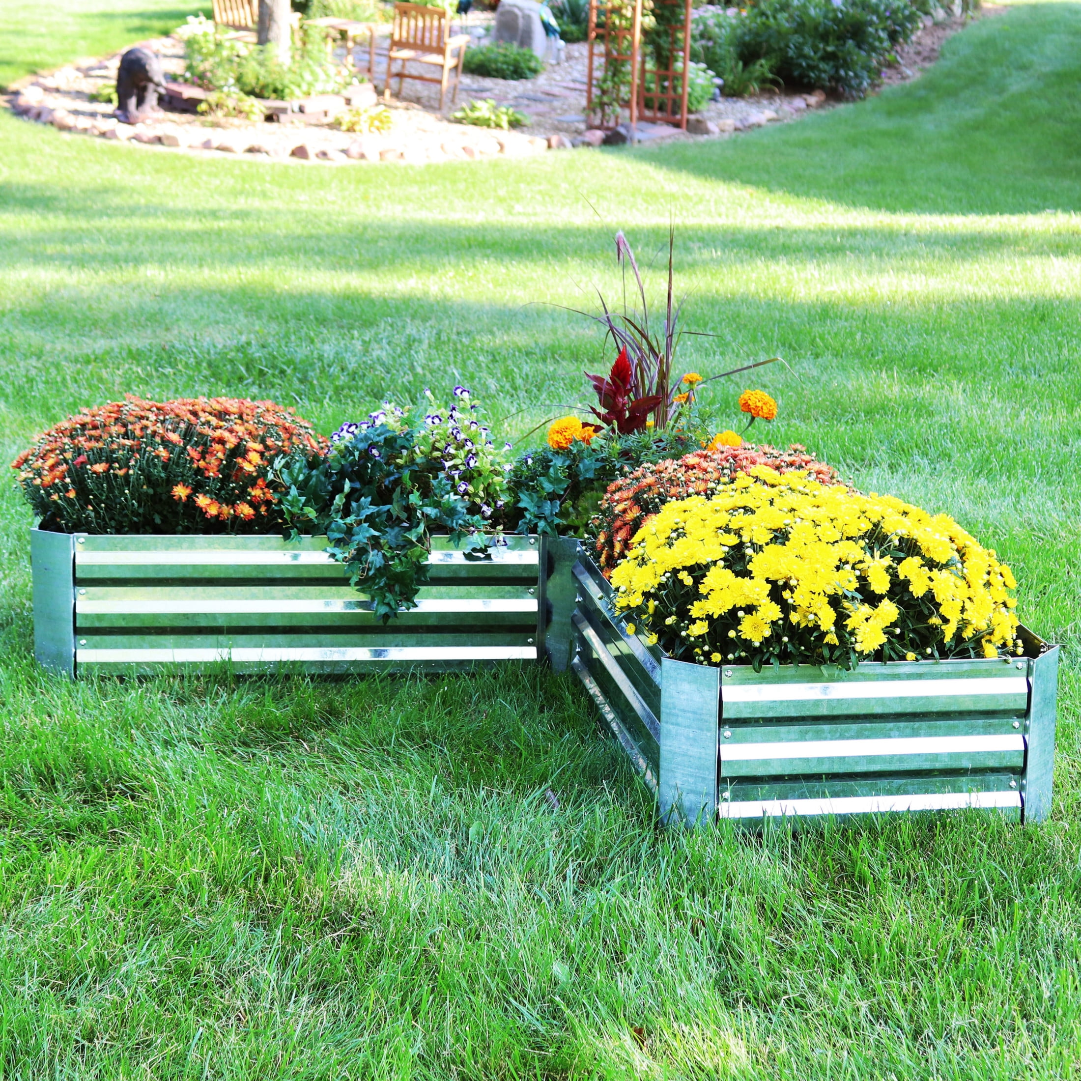Sunnydaze 59.5" x 59.5" x 11.75" L-Shaped Silver Galvanized Steel Raised Garden Bed