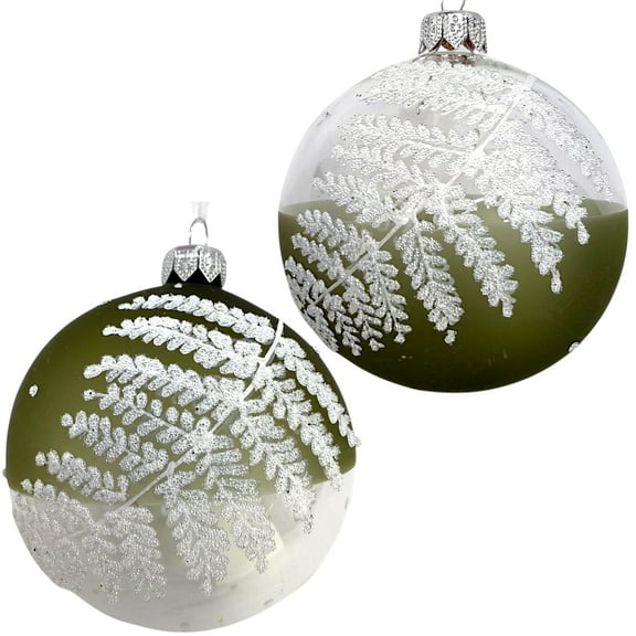 Fern Blown Glass Ornaments – Set of 2 European Baubles Balls Holiday Christmas Tree Decorations, Sage Green and Clear