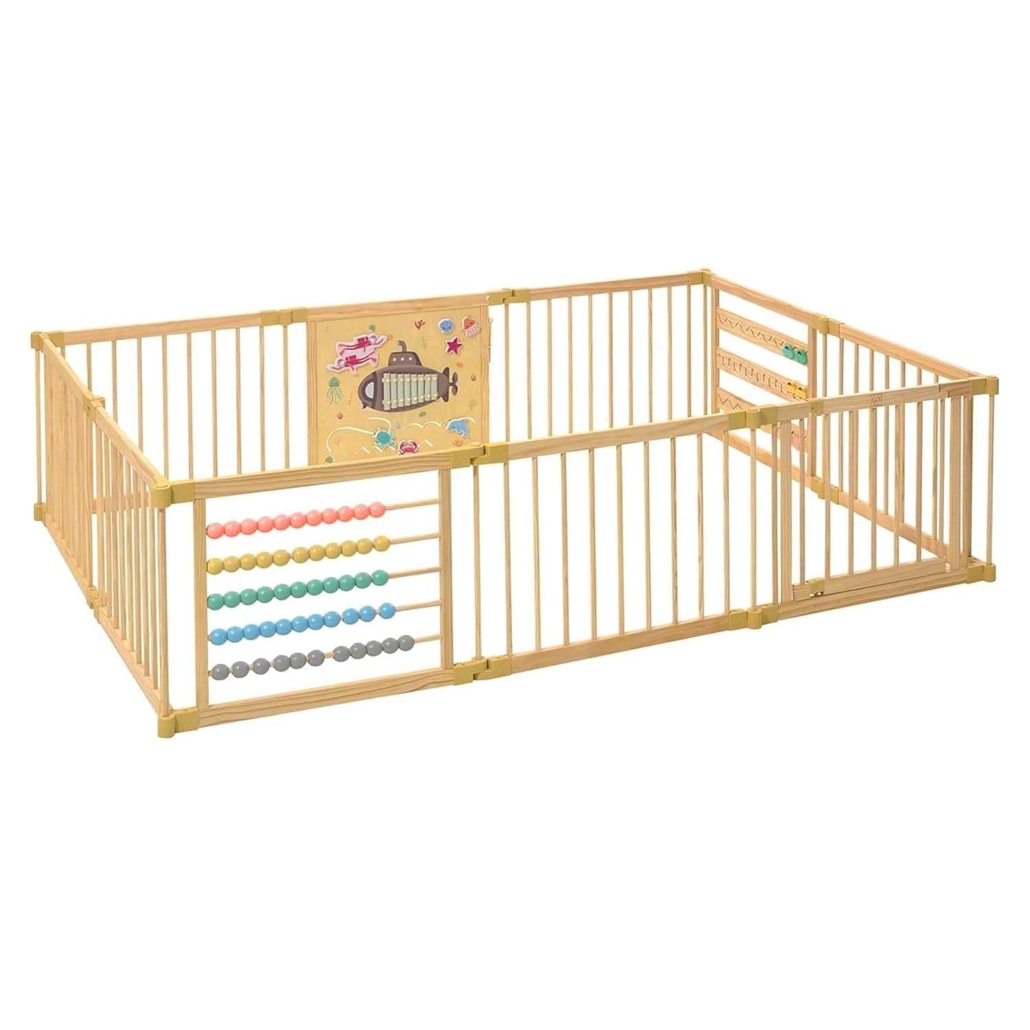 Wooden Playpen Extra Large for Toddlers and Babies - Under The Sea Theme Toy Design - (8/10) Wood Panels - Foldable and Adjustable Baby playpen - Extra Large Baby Play Yard (10-Panels)