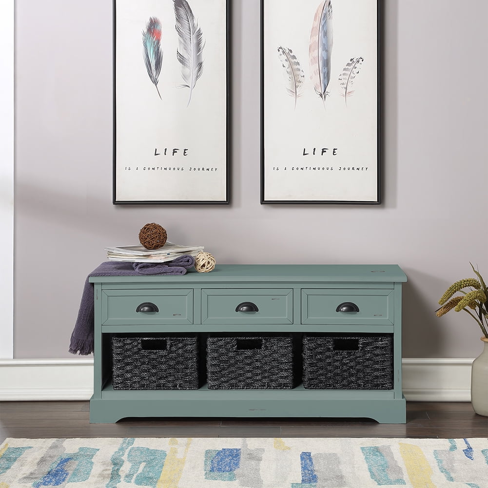 Lowestbest Rustic Entryway Bench with Storage, Wood Storage Bench with 3 Drawers and 3 Woven Baskets, Green Lowestbest Rustic Entryway Bench with Storage, Wood Storage Bench with 3 Drawers and 3 Woven Baskets, Green