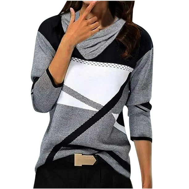 Blusa de manga larga con cuello en V doblada con estampado de posicionamiento informal para mujer Fridja FKASFK4356
