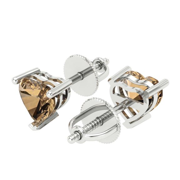 1 Ct Heart Cut Studs Champagne Crystal 14K White Solid Gold Everyday Dainty Earrings Screw Back