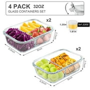 8 Pcs Glass Food Storage Containers with Lids, 2 & 3 Compartment Glass Airtight Meal Prep Containers (4 Containers & 4 Lids), Oven & Freezer Safe, Leak Proof - Grey