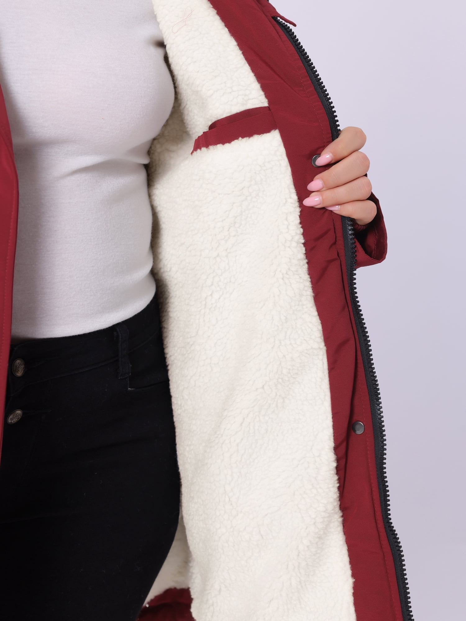 DARING DIVA Women's Plus Size Faux Lamb Fur Leather Button Down Hoodie Coat 1X Burgundy