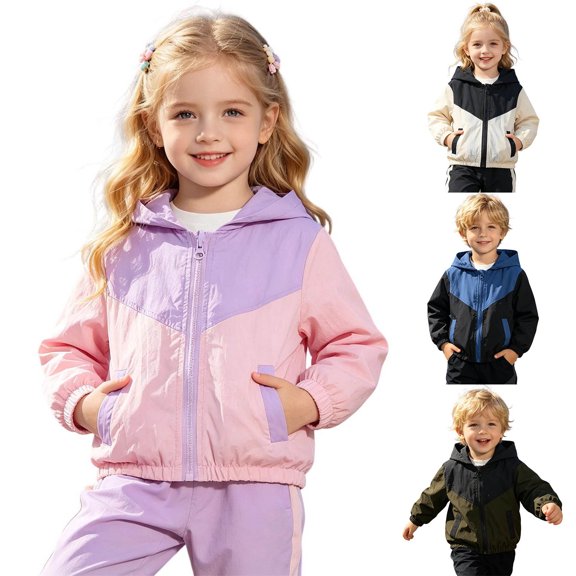 Y-Sunset Unisex Kids Color Block Patchwork Hooded Windbreaker Jacket, Wind Resistant Casual Coat for School, Park, Travel & Cool Fall Outdoor Wear(Pink/18-24 Months)