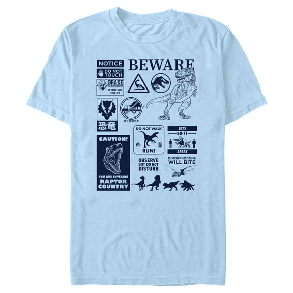Men's Jurassic World: Dominion Beware Dinosaur Message Collage  Graphic Tee Light Blue 2X Large