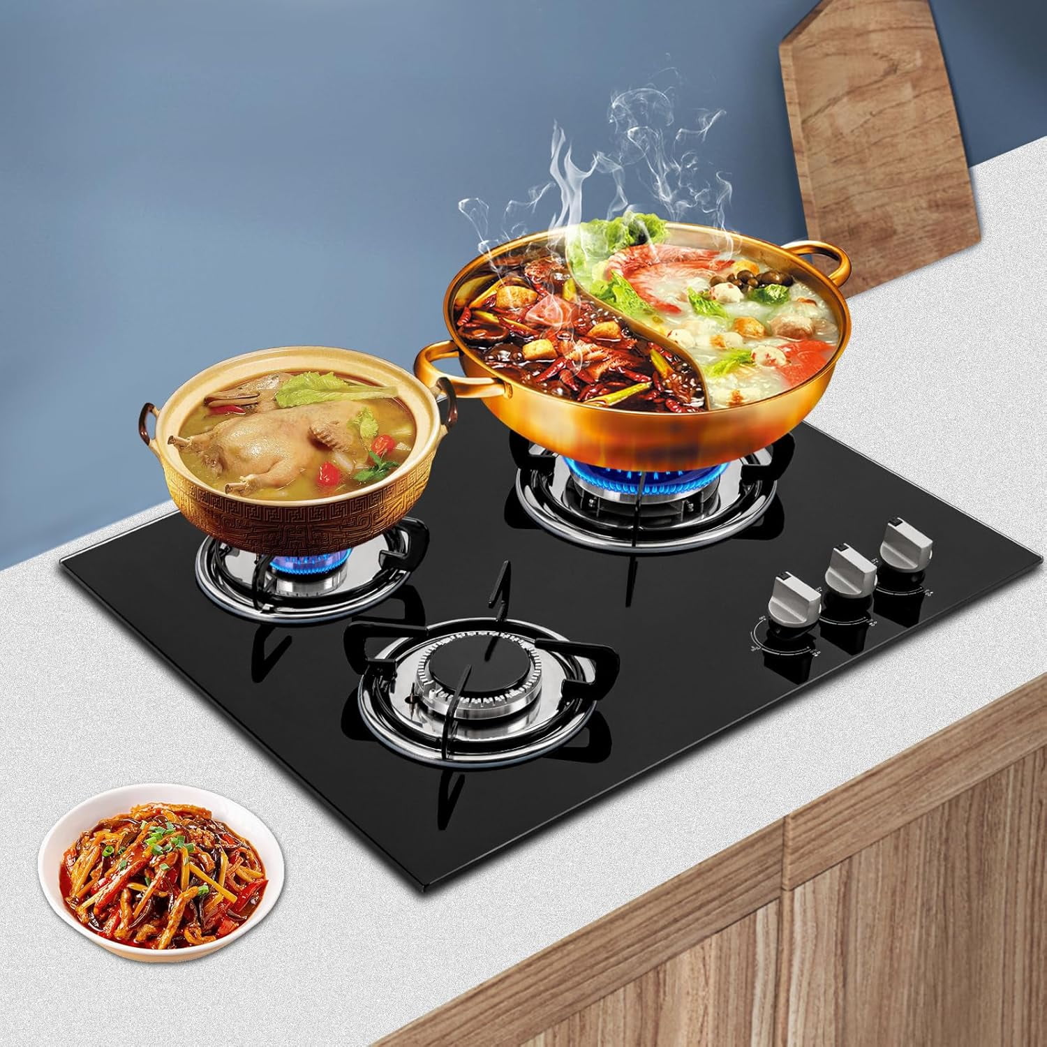 23.2" Built-in Gas Cooktop 3 Burner Stovetop With Thermocouple Protection Portable Countertop Cooker for RV Camper Caravan Outdoor Apartments (Black Tempered Glass)