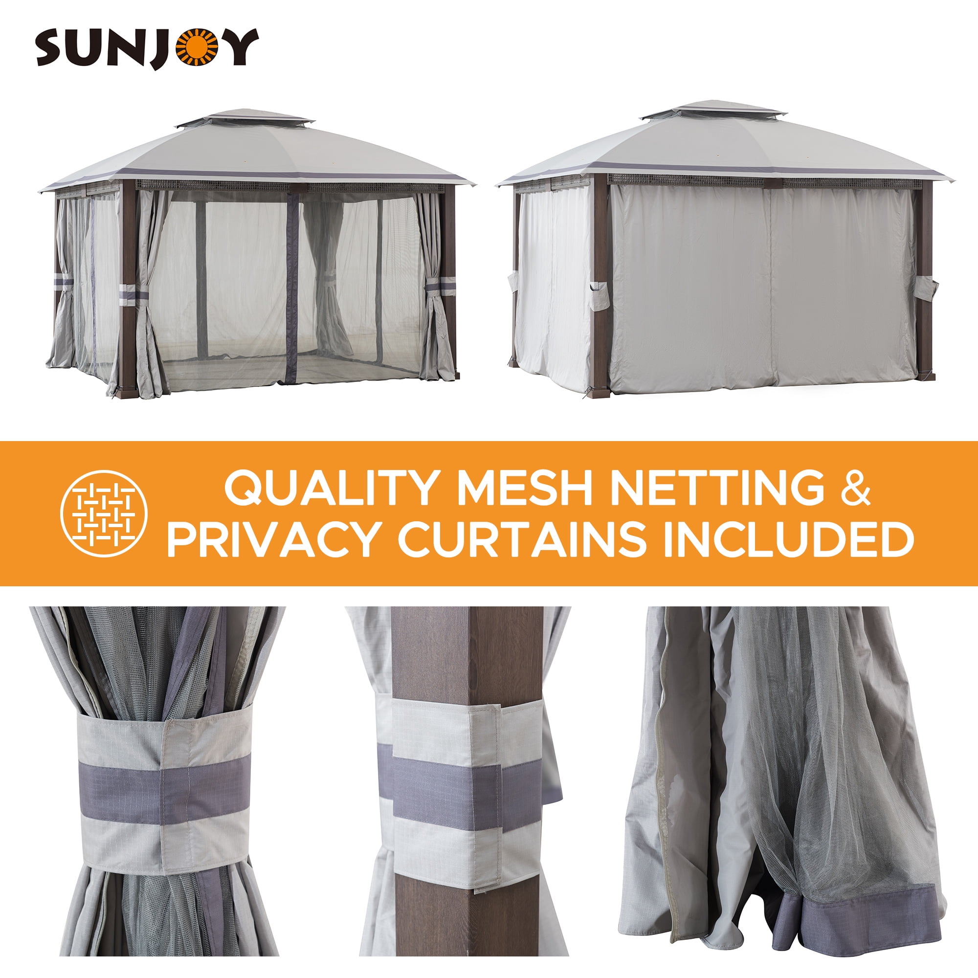 Sunjoy 11 x 13 ft. Gazebo with 2-Tier Gray Canopy Roof, Outdoor Steel Frame Soft Top Gazebo with Netting and Curtains