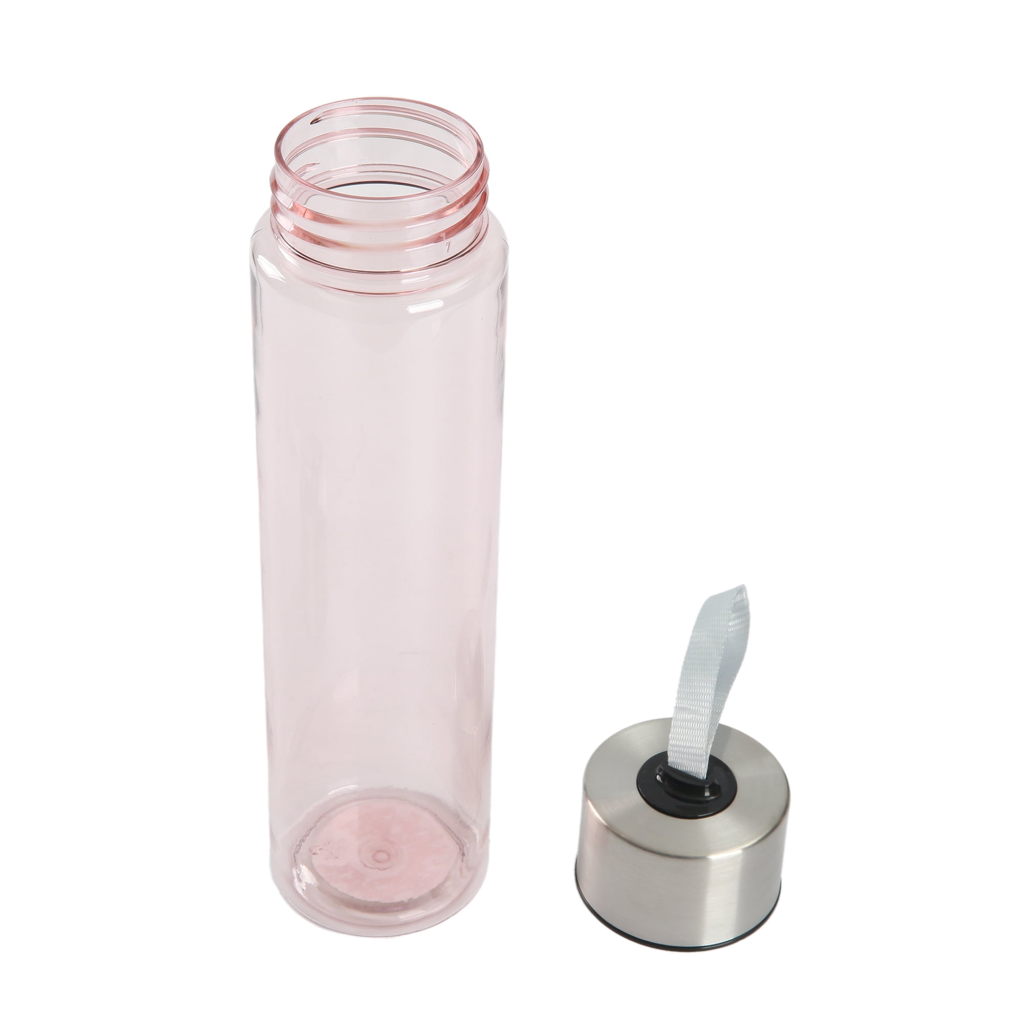 Mainstays 18oz Plastic Pink Water Bottle Stainless Steel Screw Cap Lid with Strap, 1 Each