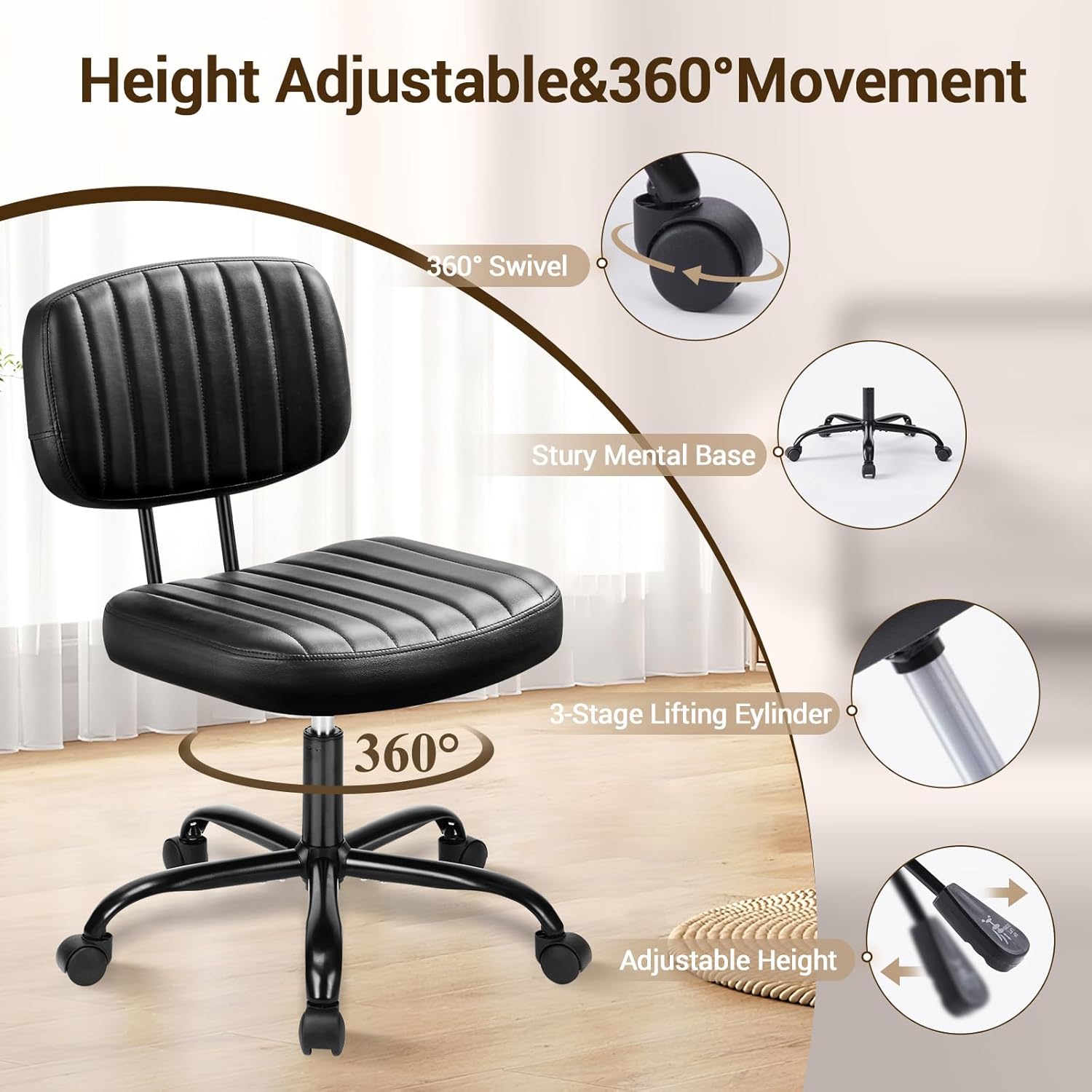 QUIOCOZY Home Office Desk Chair with Low Back and Wheels PU Leather Computer Chair Ergonomic Adjustable Height Comfy Chair Armless with Swivel Rolling Vanity Chairs for Bedroom Adult Black
