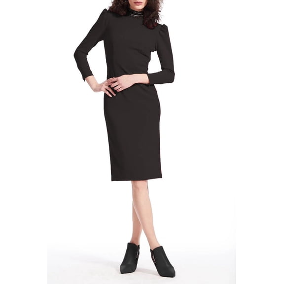 Emily Shalant Beaded Mock Neck And Bow Detail Open Back 3-4 Sleeves Back Zipper Short Dress-BLACK / 2