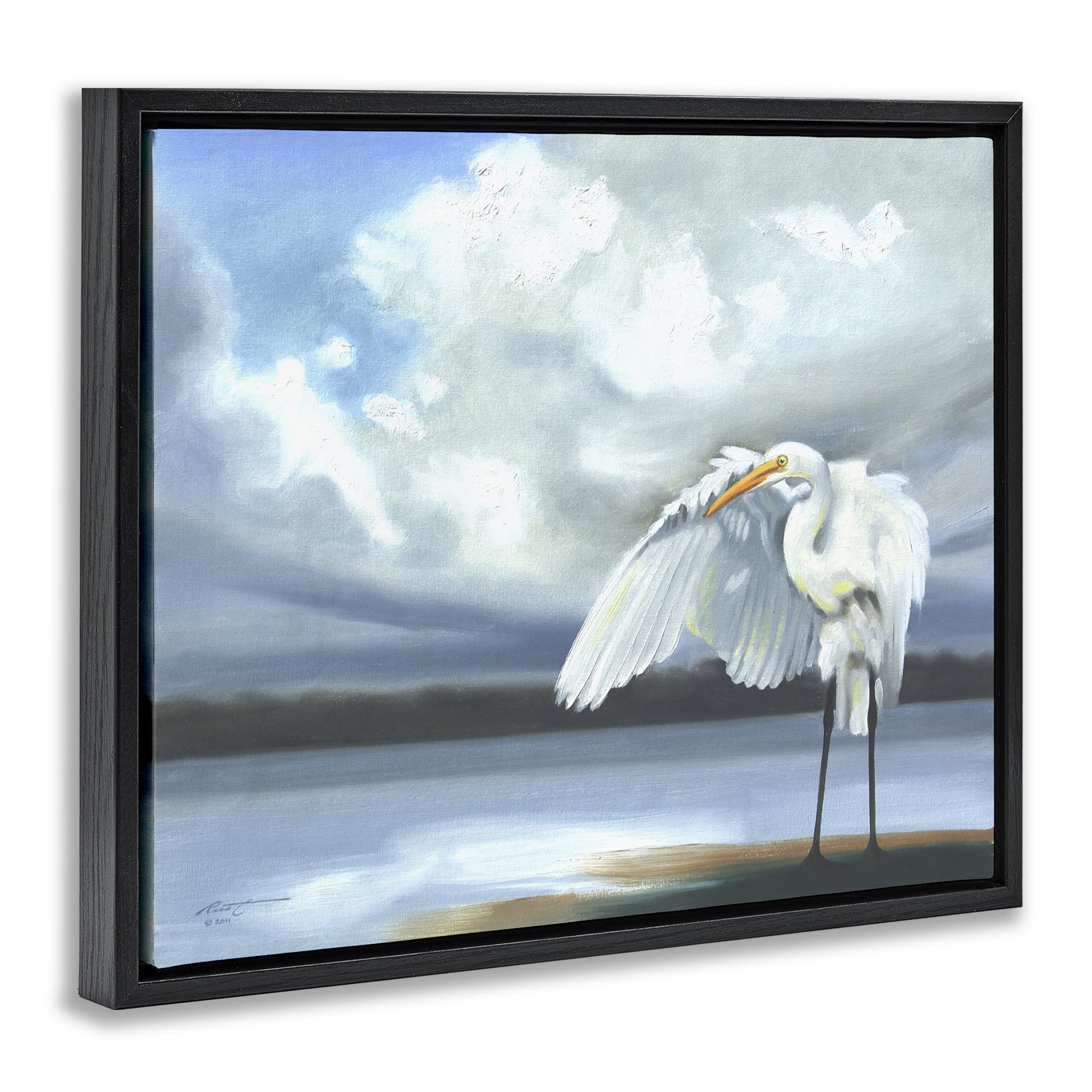 Stupell Industries Egret on Cloudy Beach Shore Animals & Insects Painting Black Floater Framed Canvas Art Print Wall Art, 31 x 25