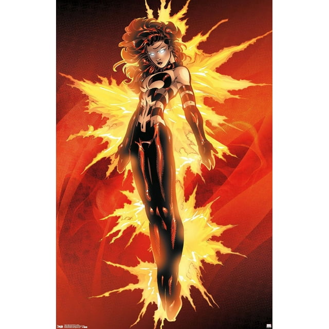 Marvel Comics The X-Men: Dark Phoenix - Team Wall Poster, 22.375" x 34" depicting Dark Phoenix in a black and red form-fitting suit with bright yellow and orange flames radiating from her back against a red background, suitable for decorating bedrooms, offices, or dorm rooms.