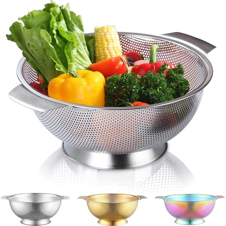 Stainless Steel Colander 5 Quart, Professional Strainer with Heavy Duty Handles and Self Draining Solid Ring Base for Pasta, Spaghetti, Berry, Veggies, Fruits, Noodles, Salads Dishwasher Safe