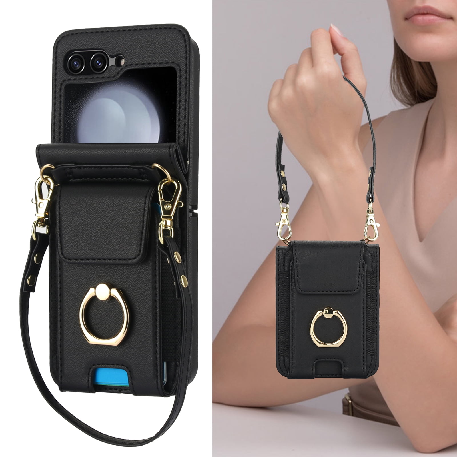 for Motorola Razr 60/Razr 2025 Case, Retro PU Leather Shockproof Protection Phone Case Wallet Built in Credit Card Slots Flip Cover Finger Ring Stand with Long Strap + Short Strap, Black
