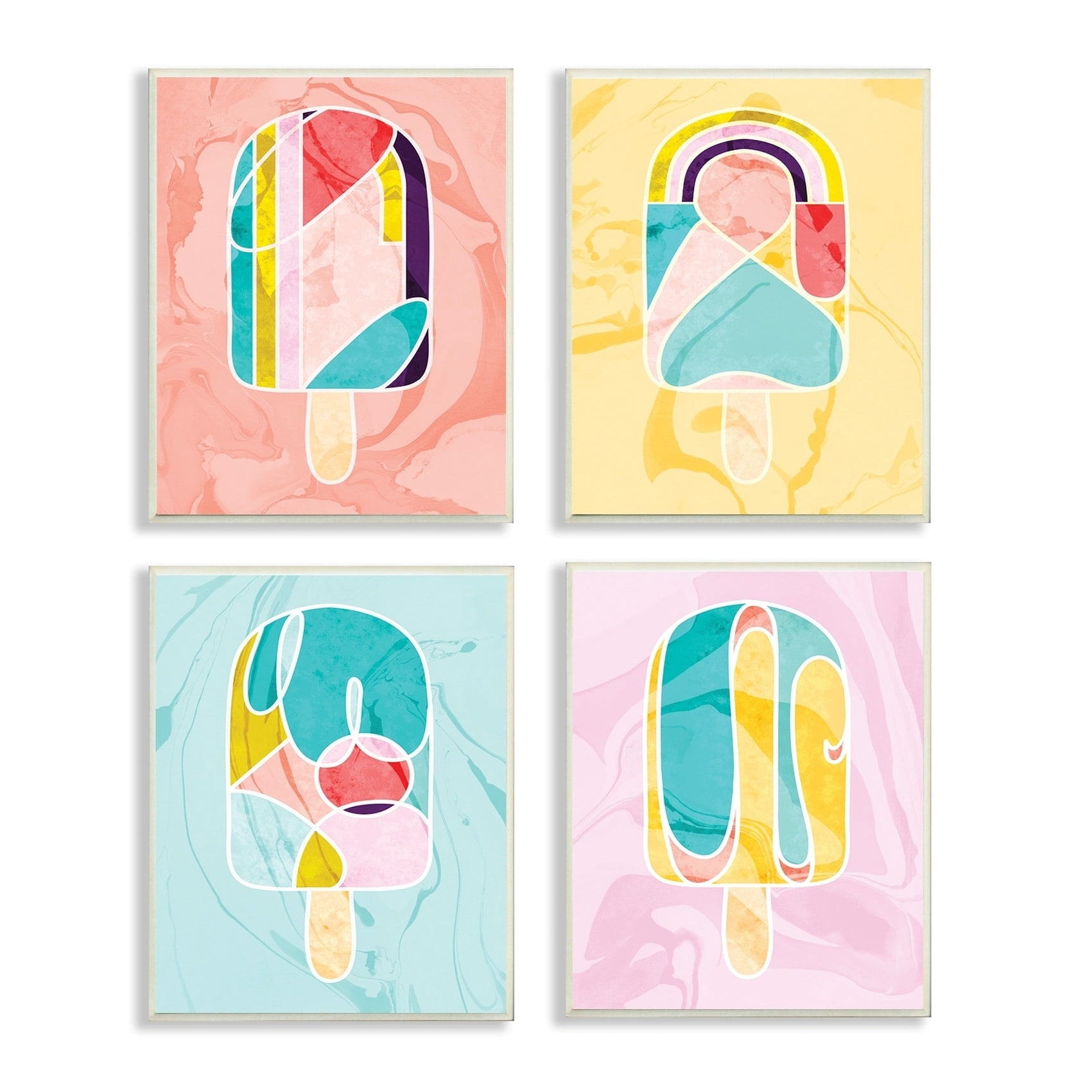 Mod 80\'s Pastel Abstract Popsicles with Marble Spatter 4pc Wall Plaque Art Set, 10 x 15