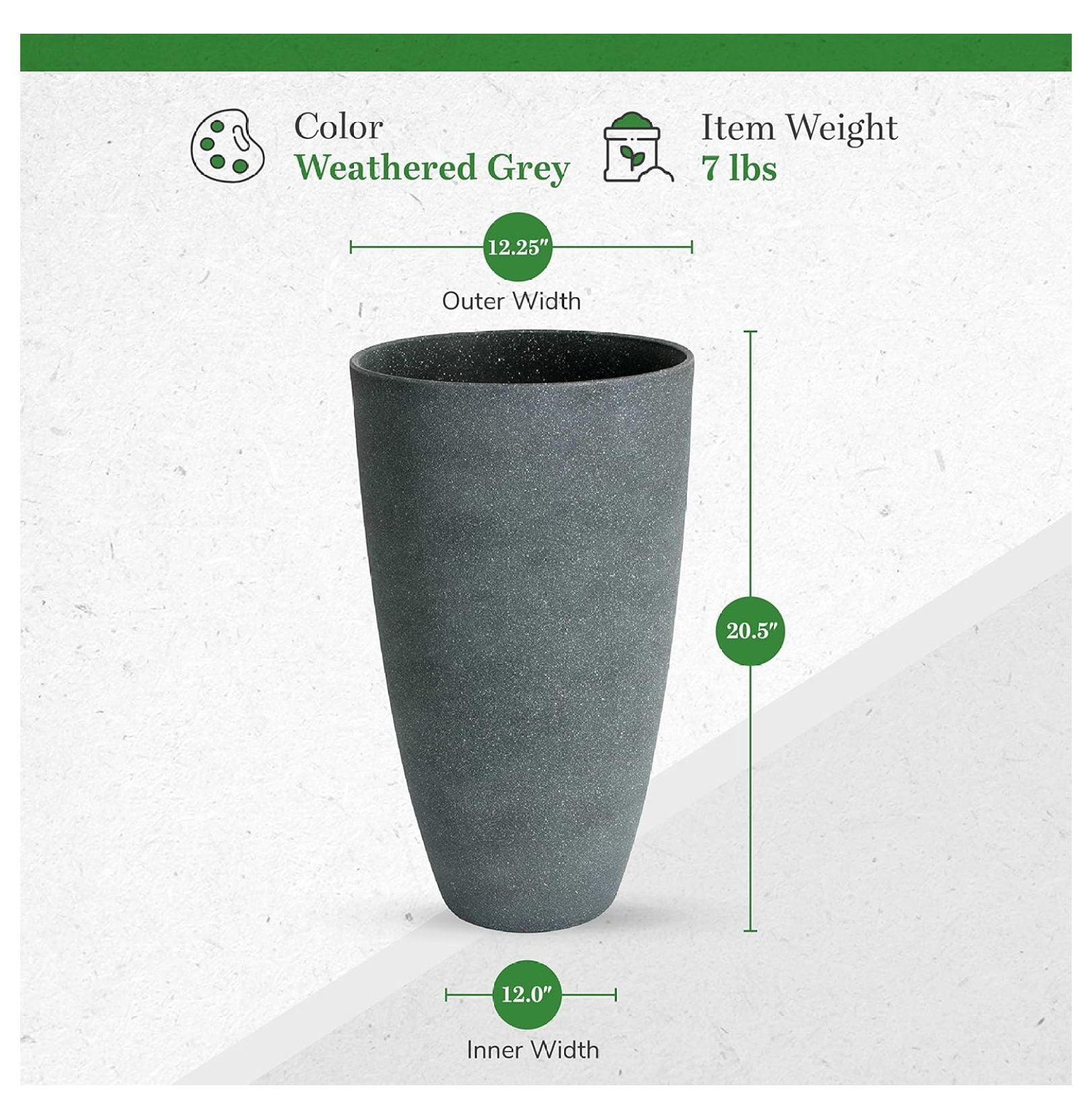 Algreen 43229 Curved Tall Vase Planter, Weathered Grey - Modern Flower Pot for Indoor/Outdoor Use - Durable Stone & Resin Composite - UV Resistant