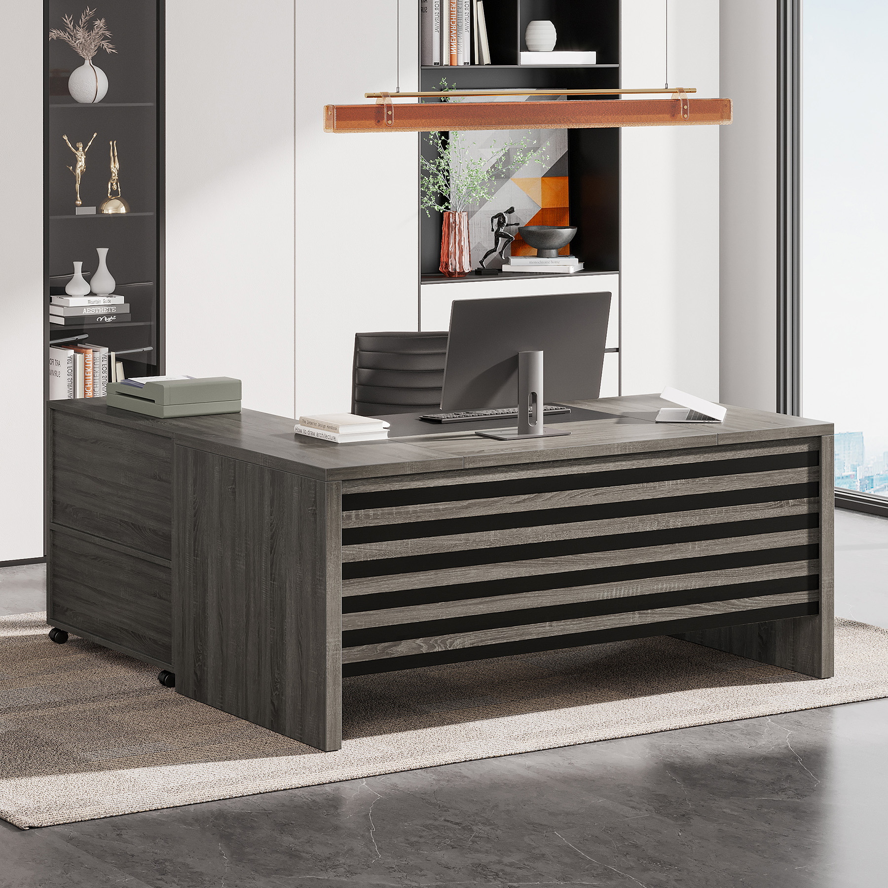 62.2" Executive Desk with Mobile File Cabinet, L-Shaped Office Desk with Storage Shelves, Gray