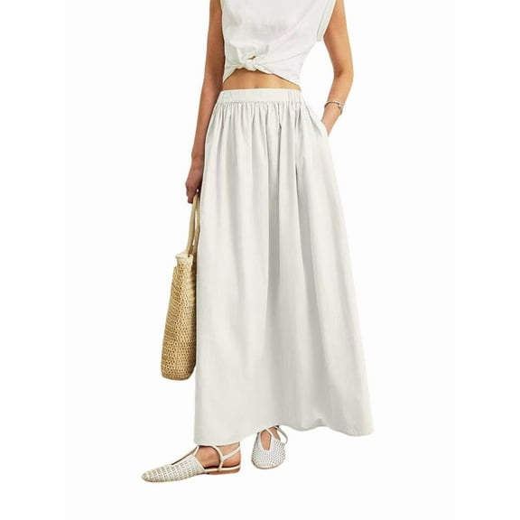 Womens Summer Long Skirt High Waist Pleated A-Line Casual Flowy Fairy Skirts White S