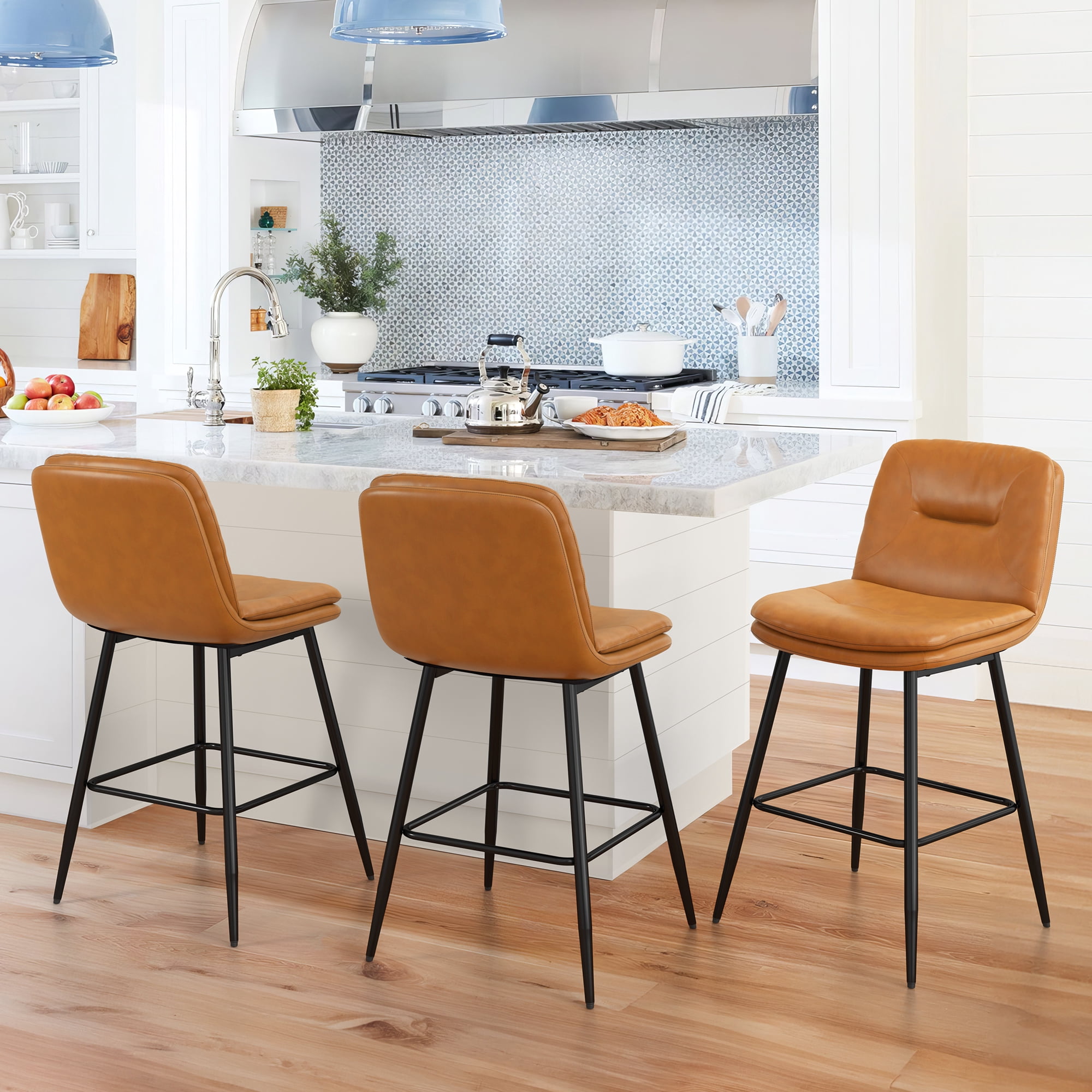 Carolayne 24”H Bar Stools Set of 3, Double-Layer Upholstered, for Home Kitchen, Whiskey Brown