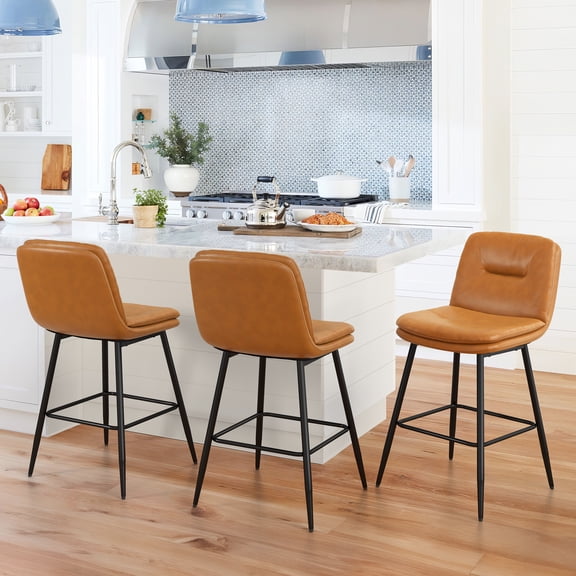 Carolayne 24”H Bar Stools Set of 3, Double-Layer Upholstered, for Home Kitchen, Whiskey Brown