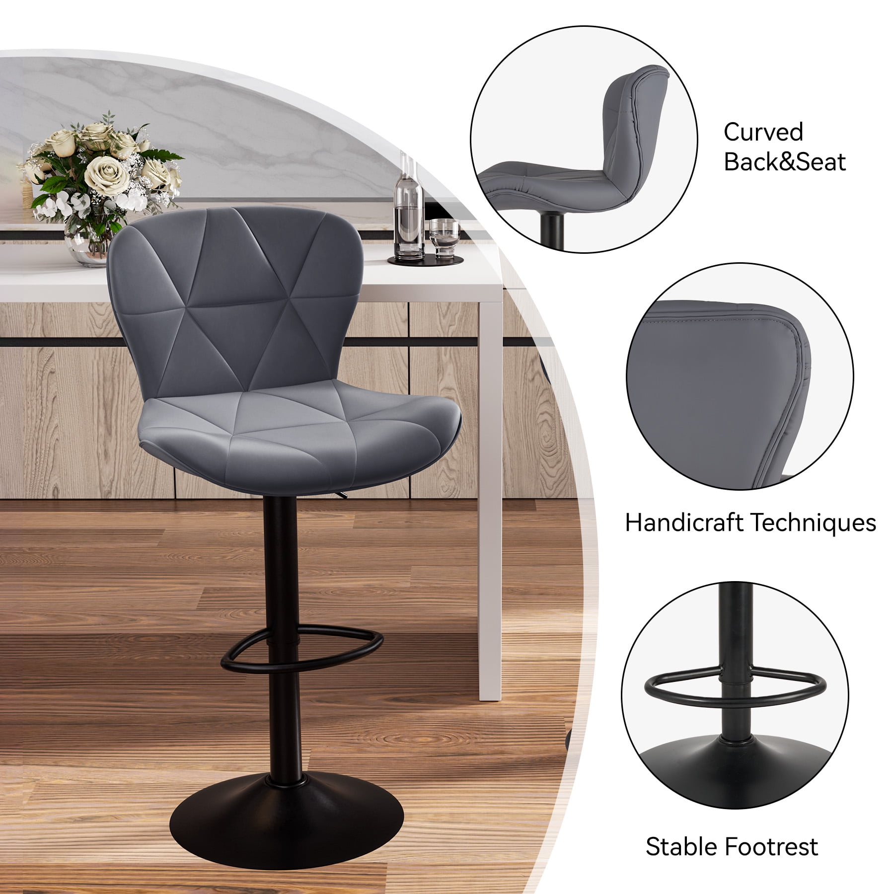 Hawsaiy Modern Bar Stools Set of 1, Adjustable Faux Leather Upholstered Swivel Bar Stools, Counter Height Bar Chairs with Back for Kitchen Island, Dark Gray