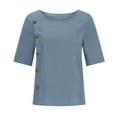thumbnail image 4 of Ndbuld Basic T Shirts for Women UPF 50+ Short Sleeve Casual Summer Tops Women's Solid Cotton and Linen Button Design Half Sleeve Casual Shirt,Blue,2XL, 4 of 8