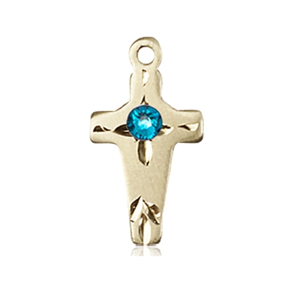 14kt Yellow Gold Cross Medal with 3mm December Blue Swarovski Crystal 5/8 x 1/4 inches